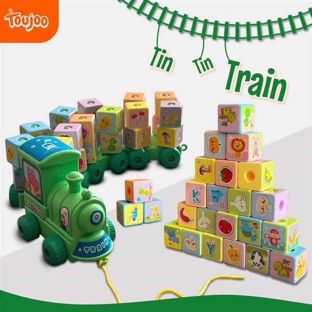 TOUJOO Pull-Along Toy Train for Kids Montessori Spin Blocks with Fruits, Animals & ABC