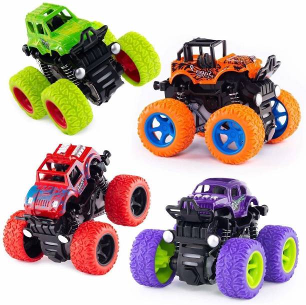 K A Enterprises 4 pack Monster truck cars,push and go toy trucks friction powered cars 4 wheel drive vehicles for toddlers children boys girls kids gift-4pcs- Multi color