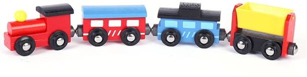 JustKid'SThings Wooden Magnetic 4Pcs Cargo Rail Train Set For Kids Happiness
