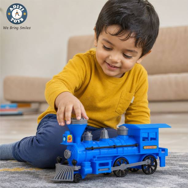 Aditi Toys Pull Back Steam Train Engine, with LED Toy for Kids, Plastic String Pull Back