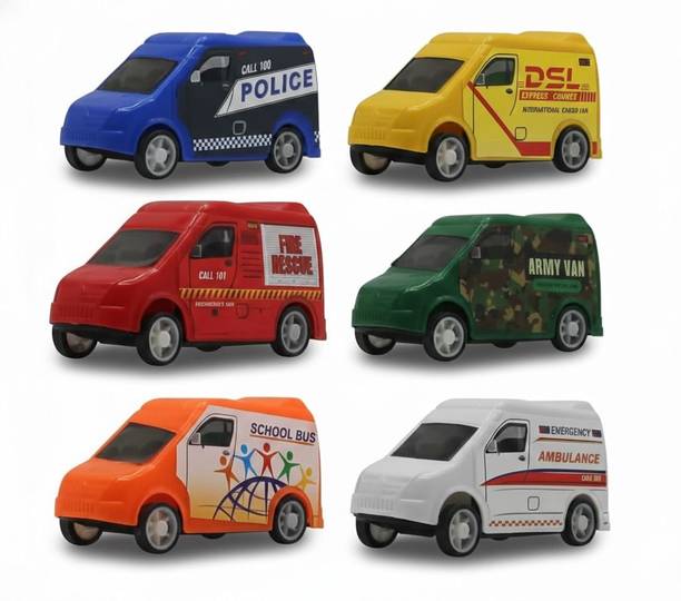 KBS HUB Pull Back 6 Pcs Vehicle Toy Set for Kids | Ambulance Police Fire School Bus Cars