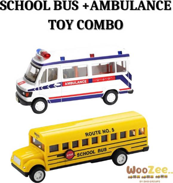 WooZee SCHOOL BUS +AMBULANCE TOY COMBO WITH DOORS OPENABLE||PULLBACK ACTION ||KIDS TOY