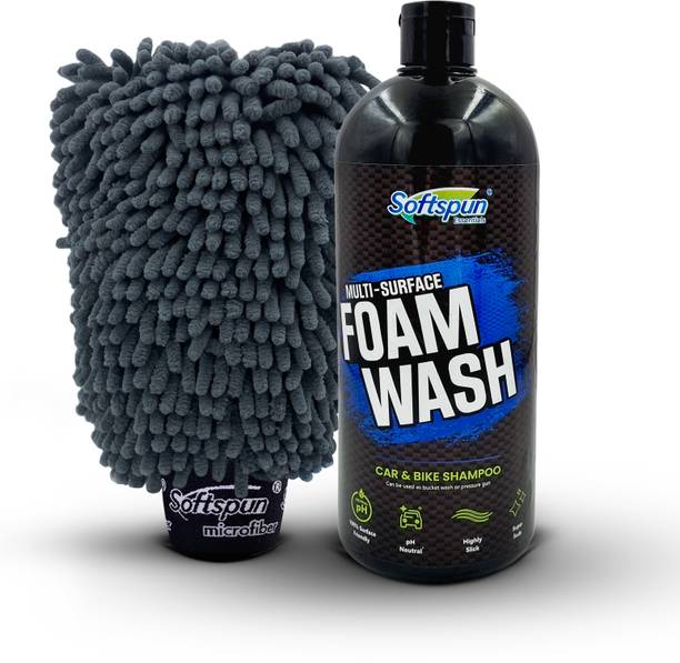 सॉफ्ट्सपन Essentials 1pcs 1700gsm Double Side Glove Grey + 1Ltr Car & Bike Premium Shampoo कार वॉशिंग लिक्विड