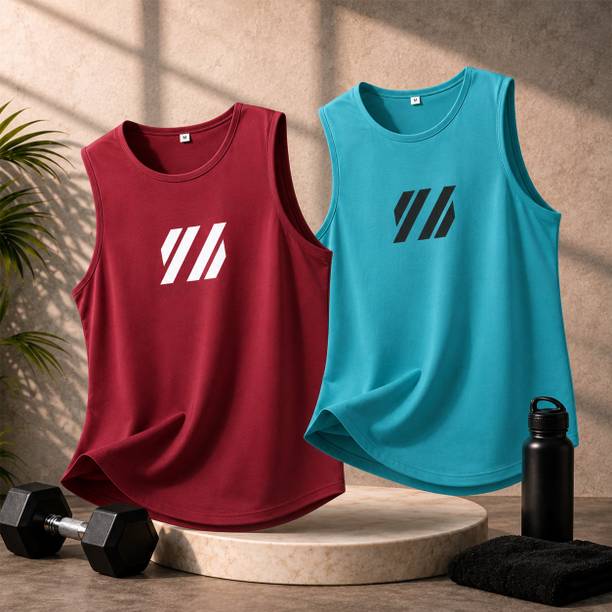 Pack of 2 Men Graphic Print Round Neck Polyester Maroon T-Shirt