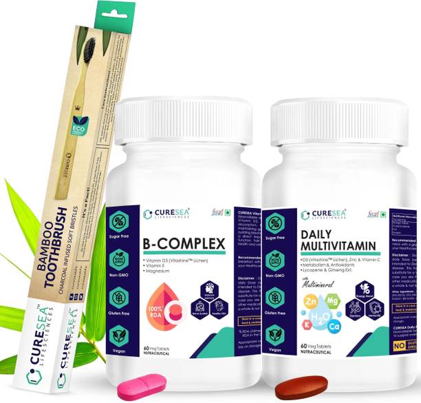 CURESEA LIFESCIENCES Vegan Vitamin B Complex and Daily Multivitamin with Bamboo Toothbrush
