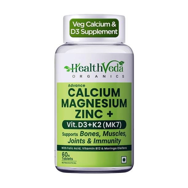 Health Veda Organics Calcium Magnesium Zinc for healthy and strong bones with Vitamin D3, Vitamin B12