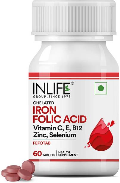INLIFE Chelated Iron Folic Acid with Vitamin C, E, B12, Zinc Men Women - 60 Tablets