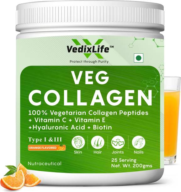 VedixLife Veg Collagen Peptide Powder, Vitamin C & E For Women & Men | Promote Skin Glow