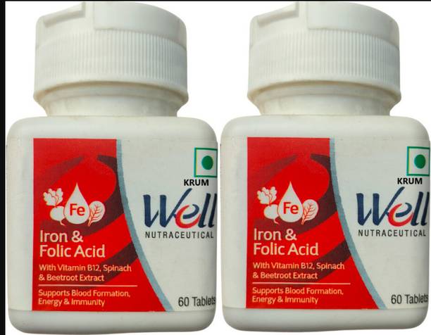KRUM New Well Iron & Folic Acid -supports blood formation-pack of 2(2 x 30 Tablets)