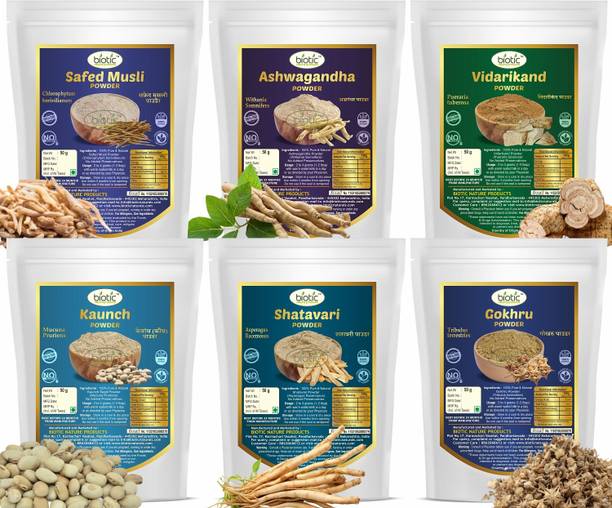 biotic Safed Musli, Ashwagandha, Shatavari, Gokhru, Vidarikand & Kaunch Powder (50g each)