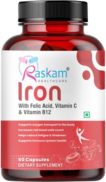 Raskam Iron Supplement with Folic Acid, Vitamin C & Vitamin B12, 60 tablets
