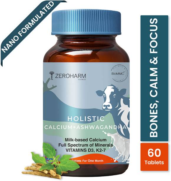 ZEROHARM Holistic Calcium and Ashwagandha Tablets - For Muscles, Bone and Joint Health