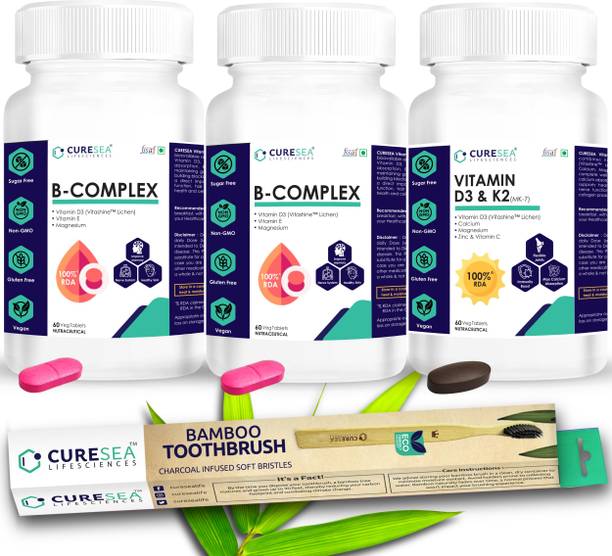 CURESEA LIFESCIENCES Vegan Vitamin B Complex and Vitamin D3 & K2 (MK-7) with Bamboo Toothbrush Combo