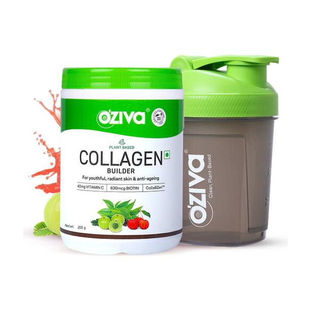 OZiva Plant Based Collagen Builder for Men-Women,Biotin,Vitamin C, Classic + Sipper