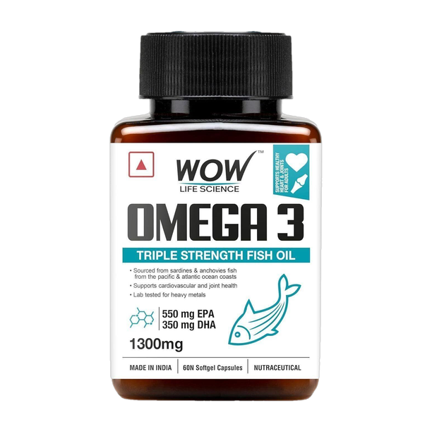WOW Life Science Omega-3 Fish Oil 1300 mg Triple Strength 550 EPA + 350 DHA Enriched