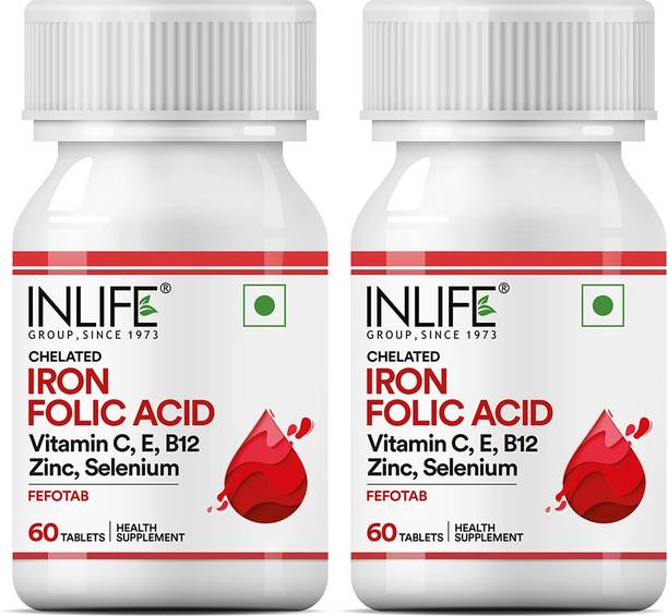 INLIFE Chelated Iron Folic Acid with Vitamin C, E, B12 Men Women - 60 Tablets (2 Pack)