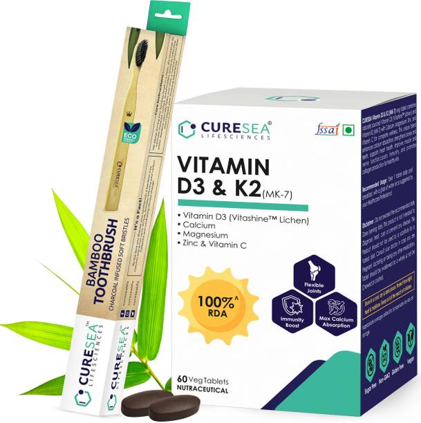 CURESEA LIFESCIENCES Vegan Vitamin D3 (Lichen) & K2 (MK-7) with Bamboo Toothbrush