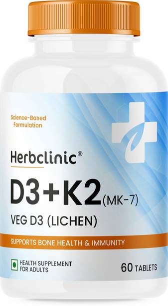 HerbClinic Vitamin D3 K2 MK-7 | 600 IU D3 + 55 mcg K2 | Plant Based Veg Vitamin D3 Tablets