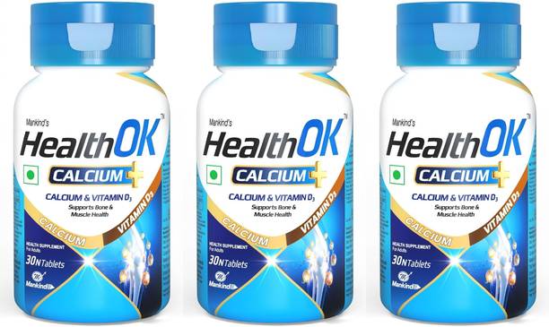 Health Ok OK Calcium Tablets with Vitamin D3 Bone Density Support, 30 Tablets x 3