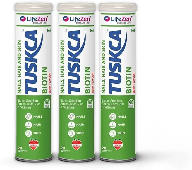 TUSKCA Biotin+Selenium+Zinc for Hair,Nails,Skin 20Effervescent tab Berry flvr-Pack of 3