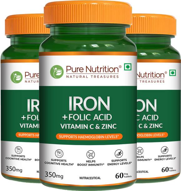 Pure Nutrition Iron with Folic Acid, Zinc, Vitamin C, 60 Veg Tablets (PACK OF 3)