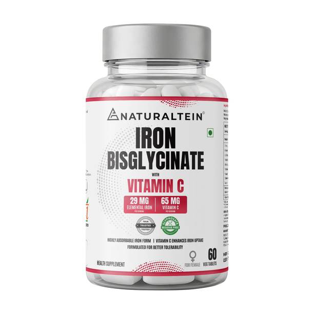 NATURALTEIN Iron Bisglycinate with Vitamin C for Women| Clean & Additive-Free