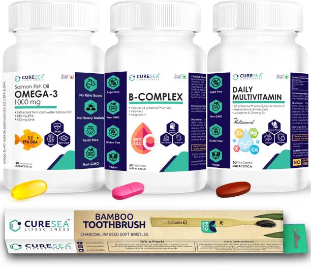 CURESEA LIFESCIENCES Omega 3 Salmon Fish Oil 1000mg+Daily Multivitamin+B Complex+Bamboo Toothbrush