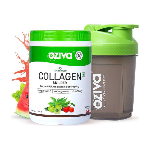 OZiva Plant Based Collagen Builder for Men-Women,Biotin,Vitamin C, Watermelon + Sipper