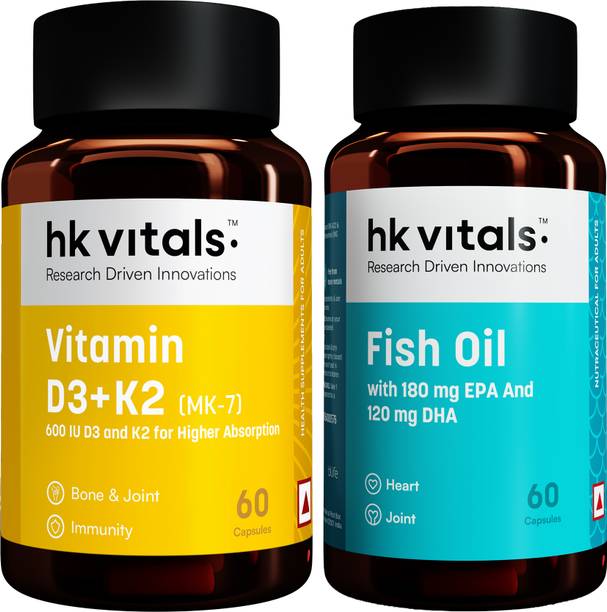 hk vitals Vitamin D3 + K2 (MK-7) + Fish Oil | 600 IU for Higher Absorption | 1000mg Omega3