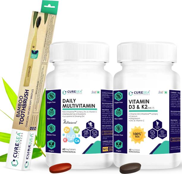 CURESEA LIFESCIENCES Vegan Vitamin D3 (Lichen) & K2 (MK-7) and Daily Multivitamin with Toothbrush