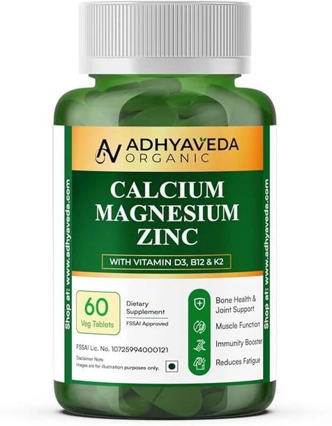 Adhyaveda organic Calcium, Magnesium, Zinc with Vitamin D3 & B12 | 1000mg Plant-Based Formula