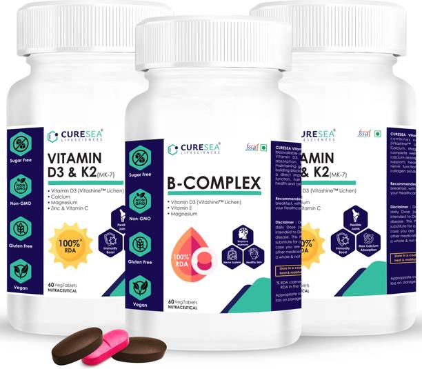 CURESEA LIFESCIENCES Vegan Vitamin D3 + K2 (MK-7) and Vitamin B Complex 100% RDA with Magnesium