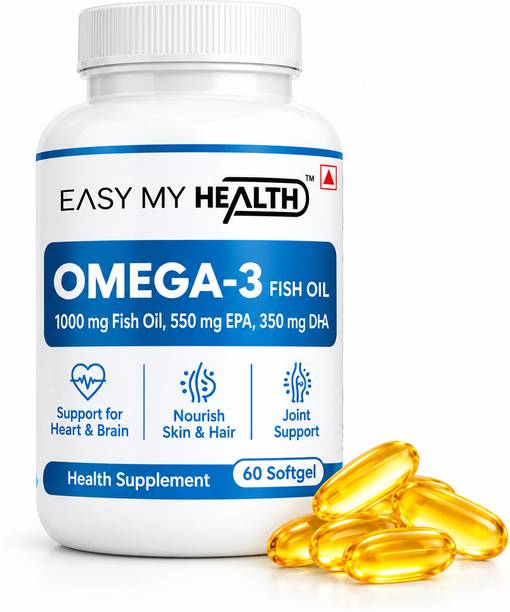 EASY MY HEALTH Omega-3 with 1000mg Fish oil, 550mg EPA & 350mg DHA for Brain,Heart,Skin & Hair