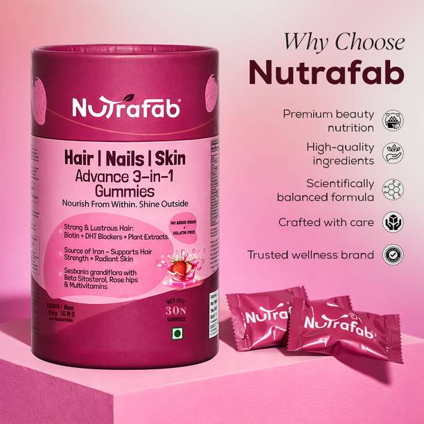 Nutrafab Hair, Skin & Nail Gummies – 30 Sugar-Free Gummies with Biotin Zinc & Iron.