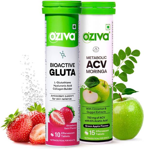 OZiva Bioactive Gluta Fizzy (Strawberry) & ACV Moringa(Green Apple)To Control Cravings