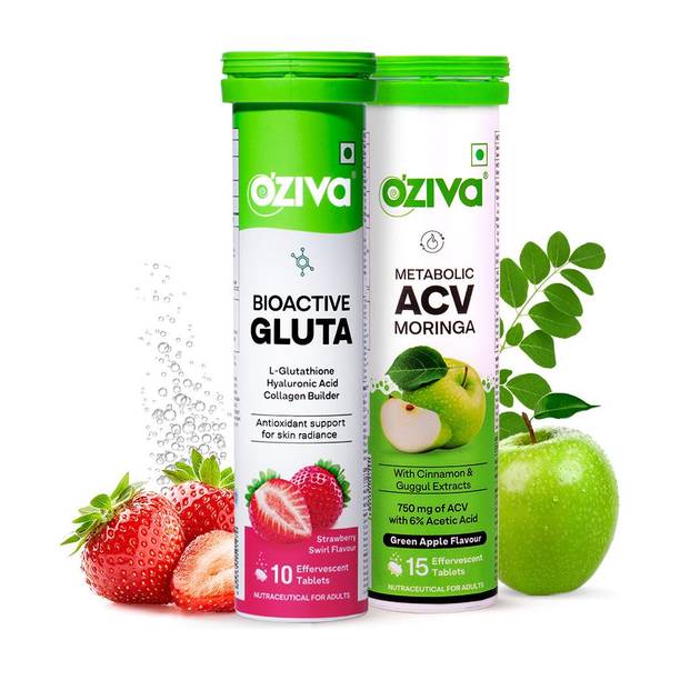 OZiva Bioactive Gluta Fizzy (Strawberry) & ACV Moringa(Green Apple)To Control Cravings