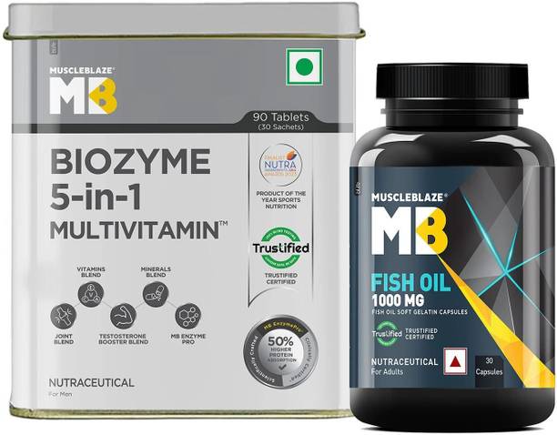 MUSCLEBLAZE Biozyme Daily Multivitamin, 90 Tablets with Omega 3 Fish Oil 1000mg, 30 Capsules