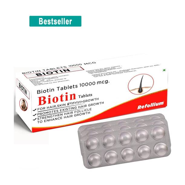 Refollium Biotin 10000 mcg Maximum Strength For Hair Growth ,Skin and Nails for Men & Women