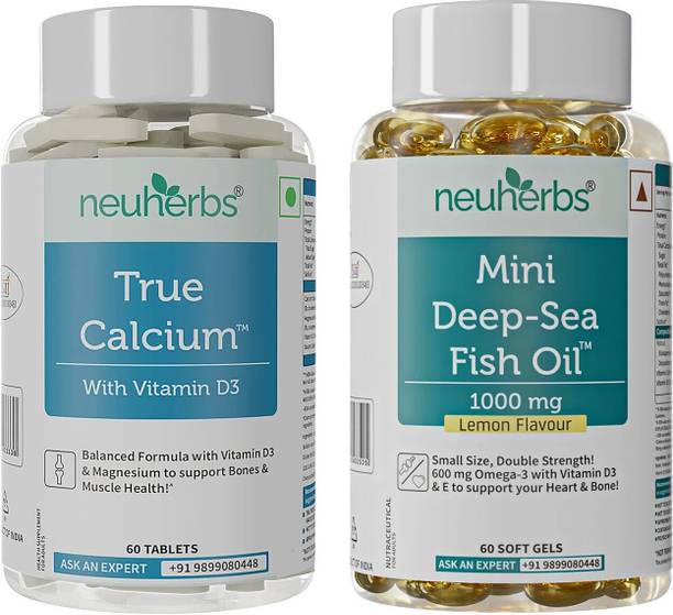 Neuherbs Mini Fish Oil With Omega-3 (60 Caps) + True Calcium (60 Tabs) For Bone Health |