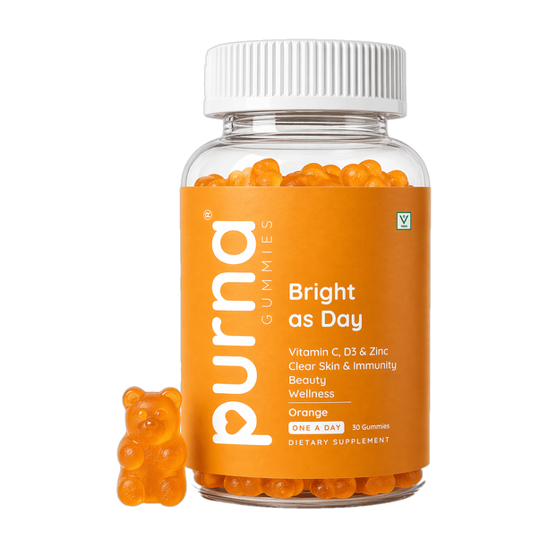Purna Gummies Vitamin C Orange & Zinc for Adults & Kids, Immunity Boost, Skincare, Veg Gummy