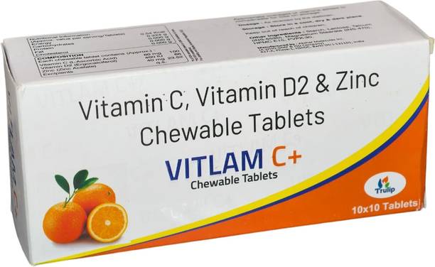 Vitlam C+ Vitamin C Vitamin D2 & Zinc Chewable Tablets Immunity Booster Orange Flavor