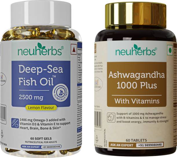 Neuherbs Athlete Nutrition Supplement Combo-Fish Oil Omega 3-60 softgel+ Ashwagandha 60 Tab