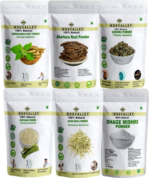 Moovalley Pure Ashwagandha Shatavari, Akarkara, Safed Musli, Gokhru Dhage Mishri Powder
