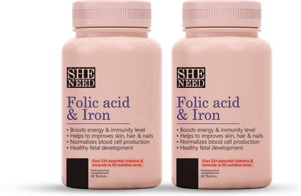 SheNeed Folic Acid & Iron Supplement for Pregnancy, Energy & Hair - (Pack of 2)