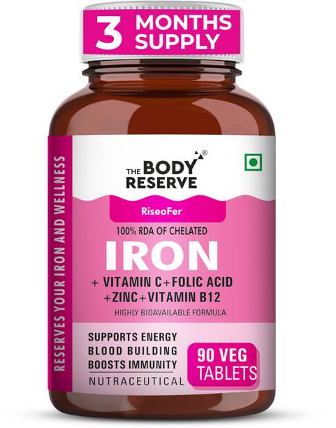 THE BODY RESERVE Chelated Iron Tablets for Women & Men with Folic Acid | Iron Supplement,B12,Zinc