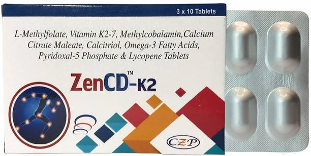 CureZen Pharma ZenCD-K2 Vitamin K2 Tablets: L-Methyl Folate, Calcium, Lycopene & Methylcobalamin