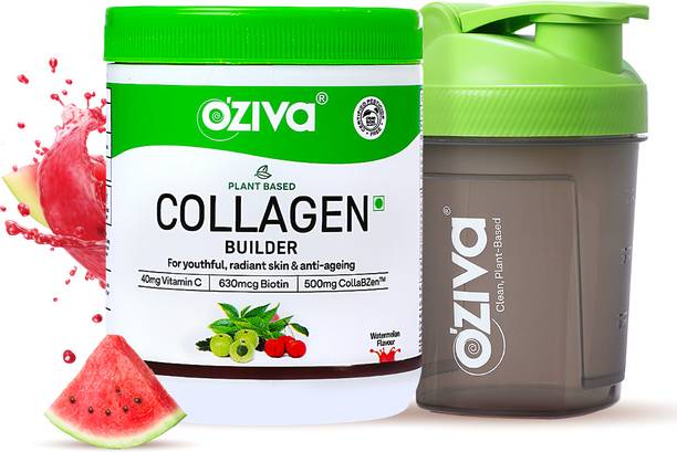 OZiva Plant Based Collagen Builder for Men-Women,Biotin,Vitamin C, Watermelon + Sipper