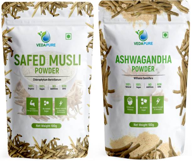 Vedapure Safed Musli Root Powder & Ashwagandha | Strength, Stamina & Stress Relief