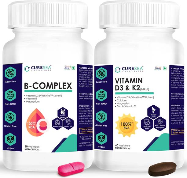 CURESEA LIFESCIENCES Vegan Vitamin B Complex 100% RDA and Vitamin D3 (Lichen) & K2 (MK-7) Combo Pack