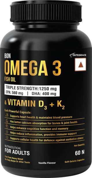 Bon Omega 3 Fish Oil 1250mg with Vitamin D3 & K2 – 3X Triple Strength 560mg EPA & 400mg DHA